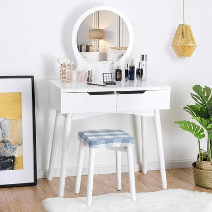 Costway White Round Mirror Vanity Set with Organized Sliding Drawers