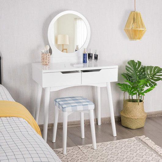 Costway White Round Mirror Vanity Set with Organized Sliding Drawers