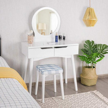 Costway White Round Mirror Vanity Set with Organized Sliding Drawers