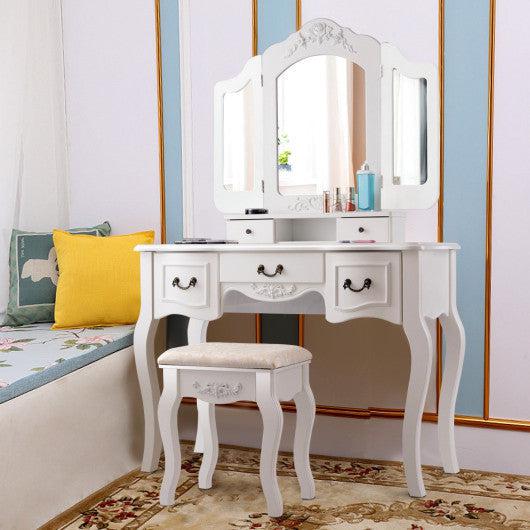 Costway White Tri Folding Vintage Vanity Makeup Dressing Table Set 5 Drawers