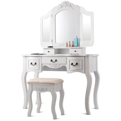 Costway White Tri Folding Vintage Vanity Makeup Dressing Table Set 5 Drawers