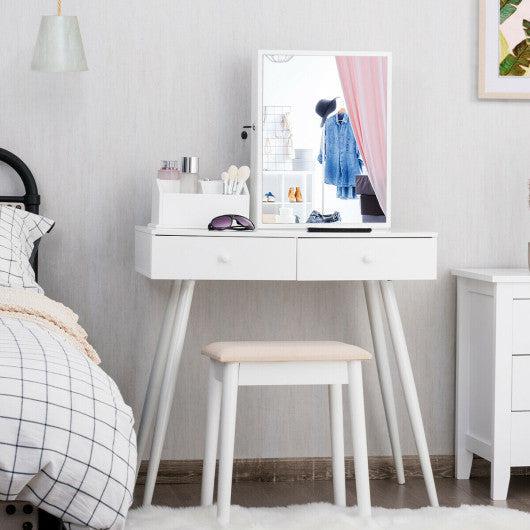 Costway White Vanity Dressing Table Set Lockable Jewelry Cabinet with Mirror