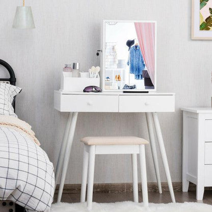 Costway White Vanity Dressing Table Set Lockable Jewelry Cabinet with Mirror