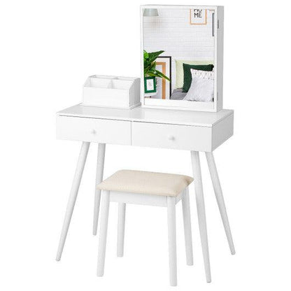 Costway White Vanity Dressing Table Set Lockable Jewelry Cabinet with Mirror