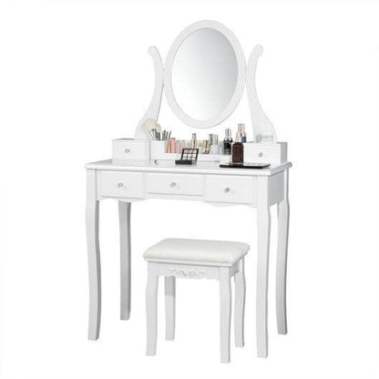 Costway White Vanity Set with Removable Makeup Organizer and Comfortable Cushioned Stools