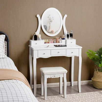 Costway White Vanity Set with Removable Makeup Organizer and Comfortable Cushioned Stools