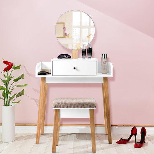 Costway Wooden Makeup Dressing Mirror Table Set with Drawer