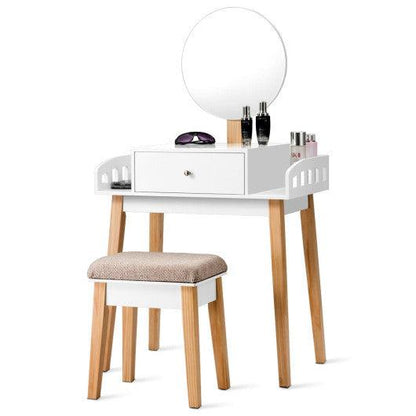 Costway Wooden Makeup Dressing Mirror Table Set with Drawer