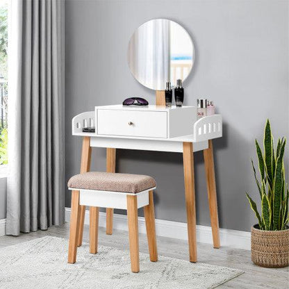 Costway Wooden Makeup Dressing Mirror Table Set with Drawer