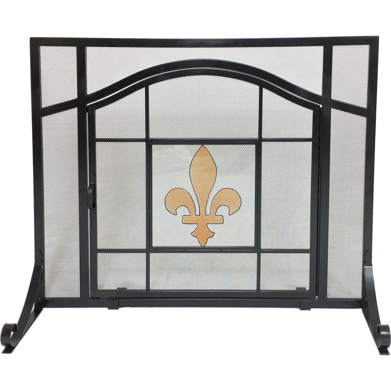 Dagan Industries 38" x 31" Black Wrought Iron With Glass Fleur De Lis Design Fireplace Screen With Door