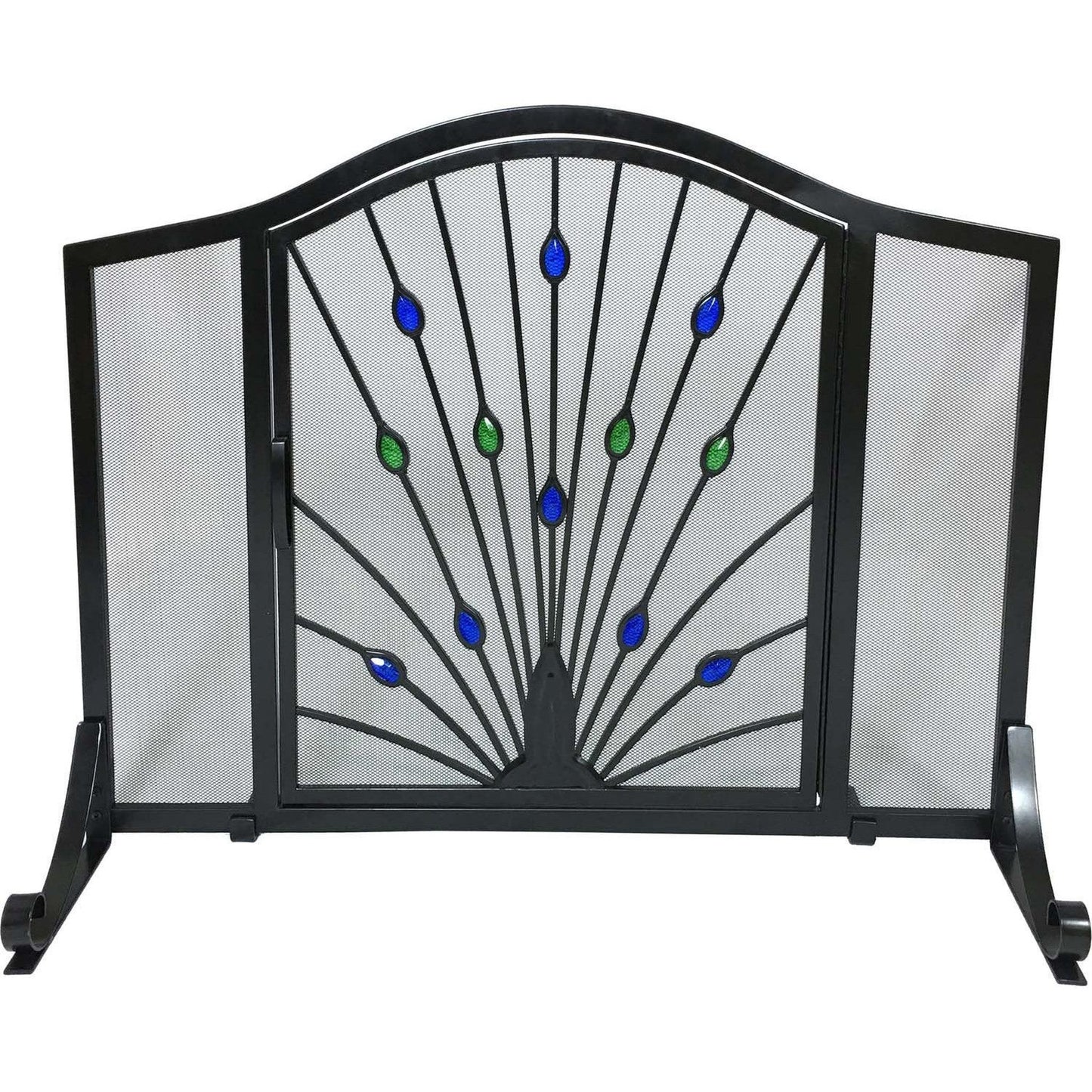 Dagan Industries 44" x 33" Black Wrought Iron, Green and Blue Glass Peacock Design Arched Panel Screen With Arched Door