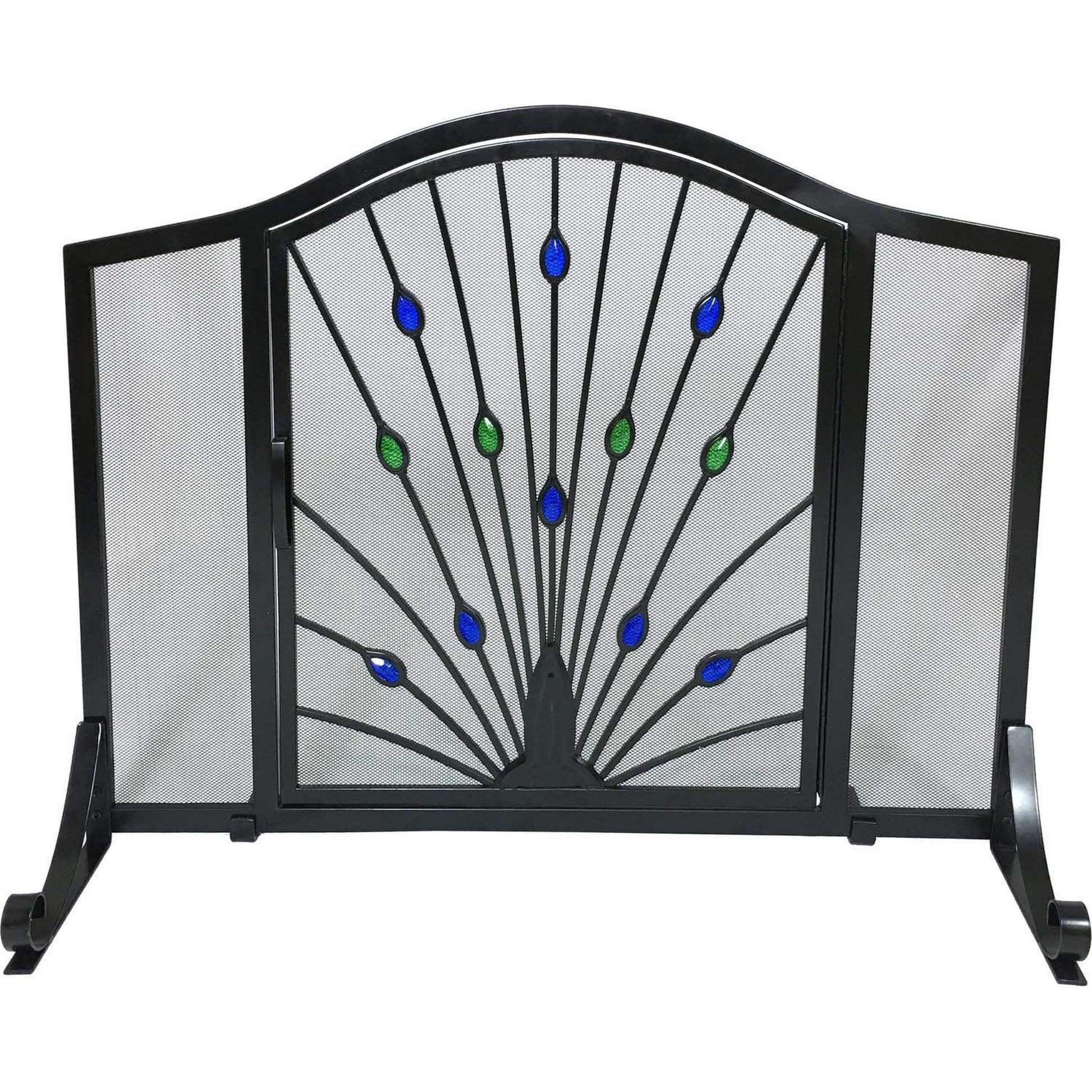 Dagan Industries 44" x 33" Black Wrought Iron, Green and Blue Glass Peacock Design Arched Panel Screen With Arched Door