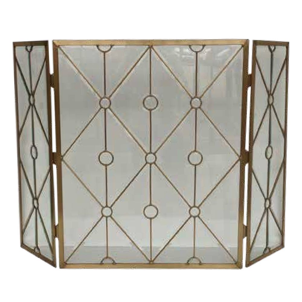 Dagan Industries 53" x 34" Three Fold Bevelled Glass With Electro Plated Gold Finish Diamond and Circle Design Fireplace Screen