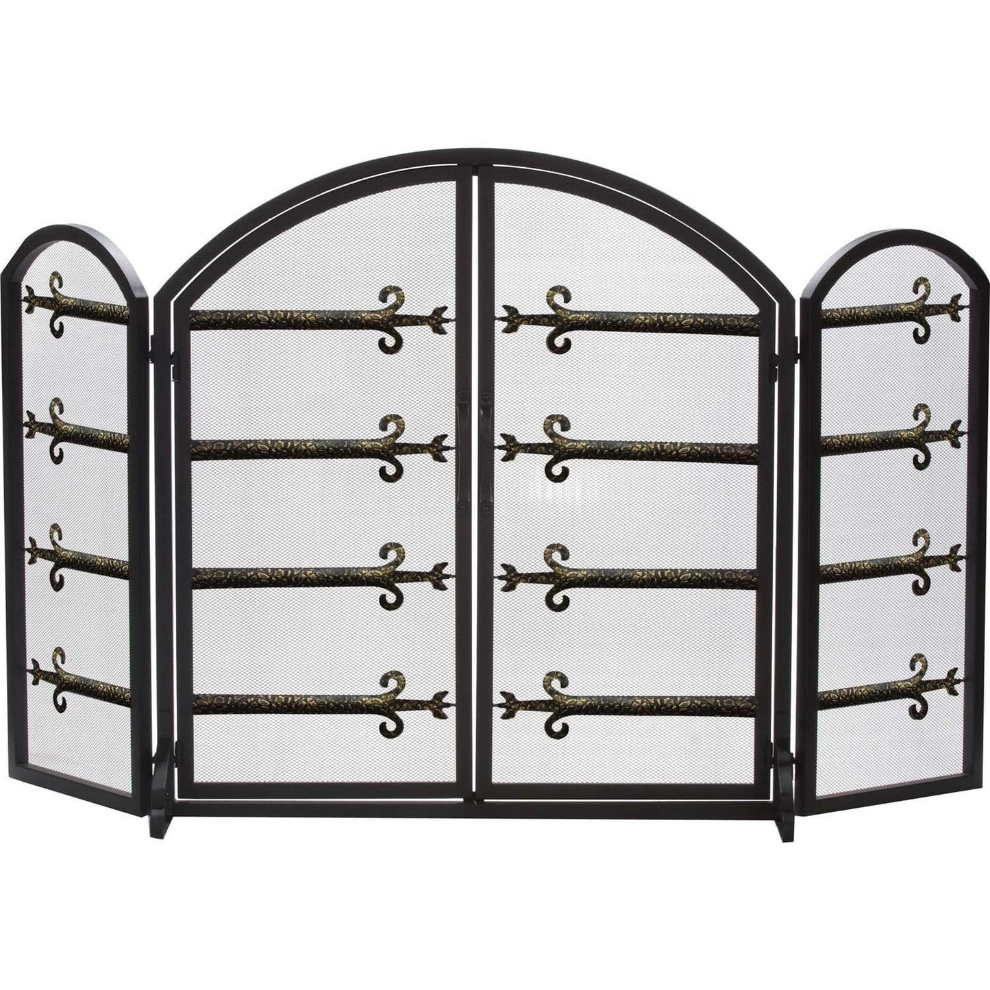 Dagan Industries 54" x 32" Black and Wrought Iron Gold Sword Design Three Fold Fireplace Screen With Two Arched Doors