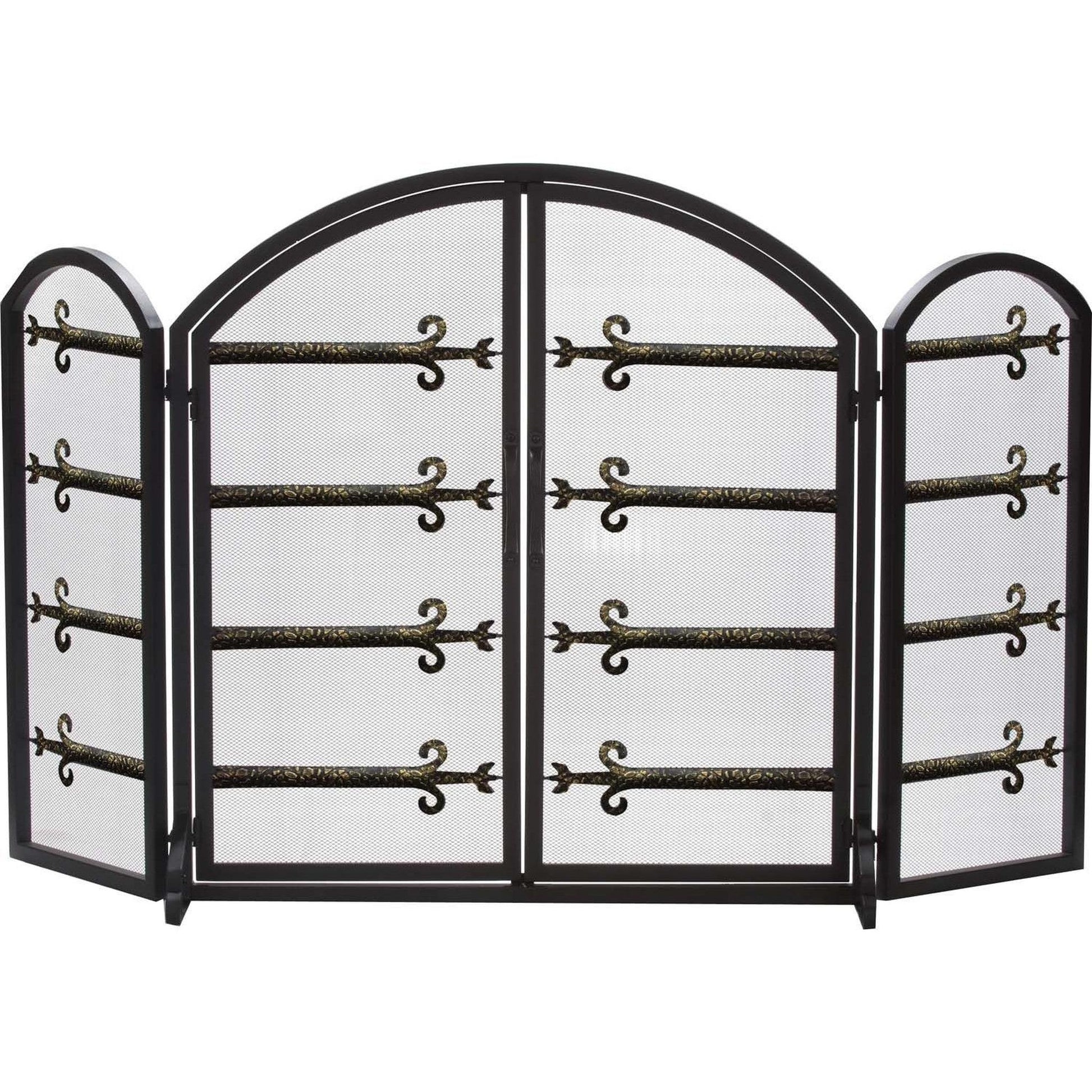 Dagan Industries 54" x 32" Black and Wrought Iron Gold Sword Design Three Fold Fireplace Screen With Two Arched Doors