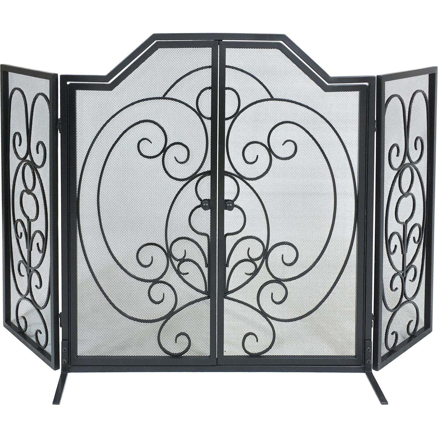 Dagan Industries 55" x 32" Black Wrought Iron Scroll Design Arched Three Fold Screen With Two Doors