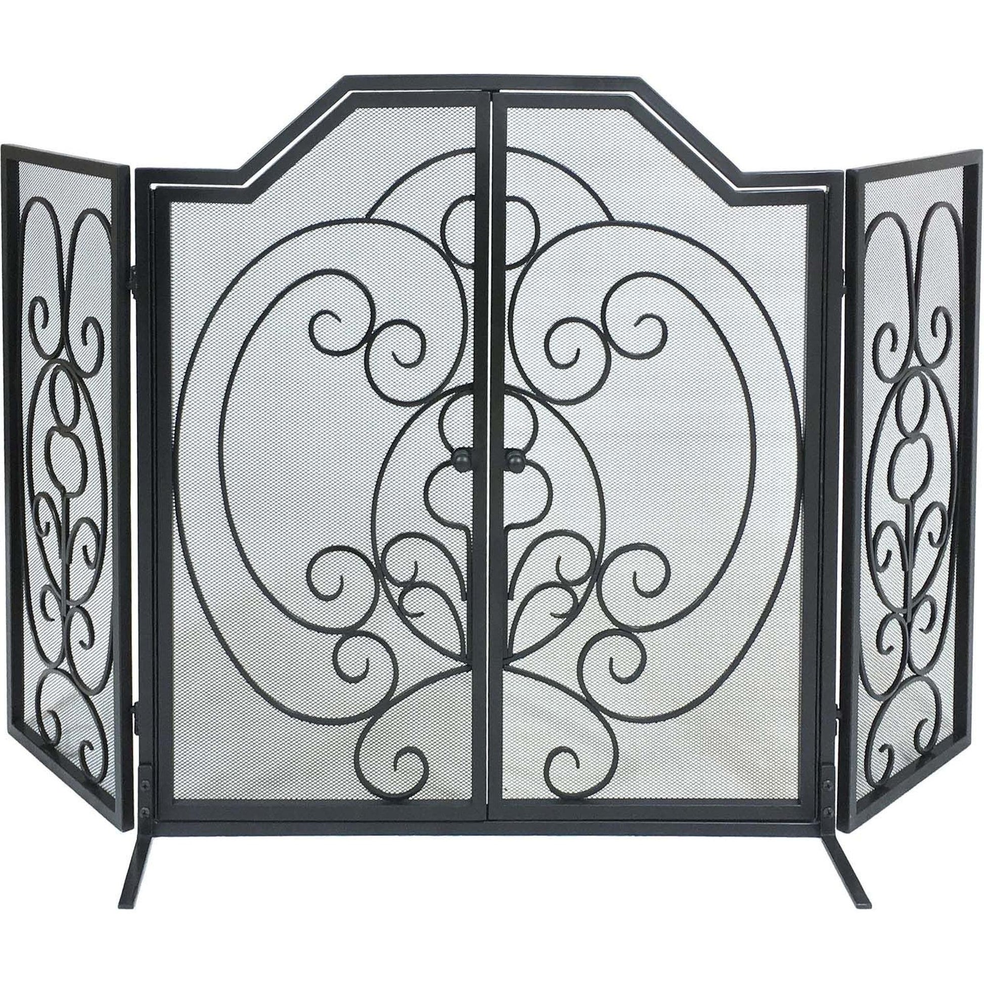Dagan Industries 55" x 32" Black Wrought Iron Scroll Design Arched Three Fold Screen With Two Doors