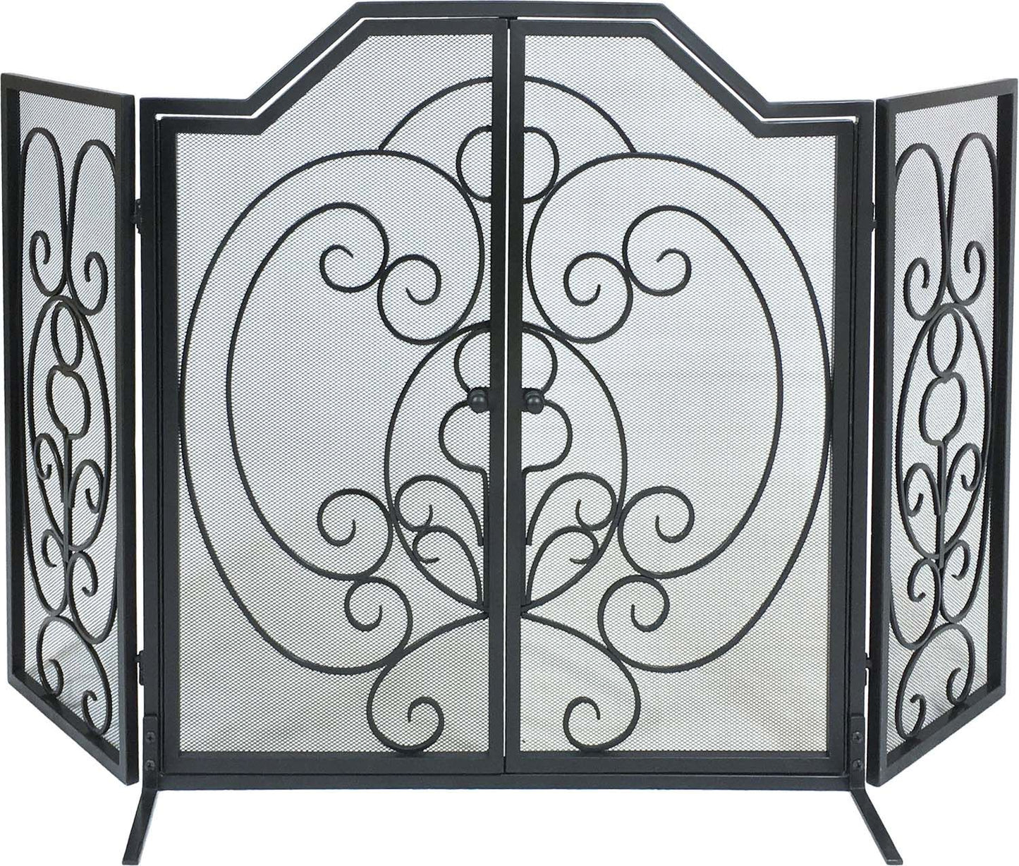 Dagan Industries 55" x 32" Three Fold Center Arched Scroll Design Black Wrought Iron Screen with Doors