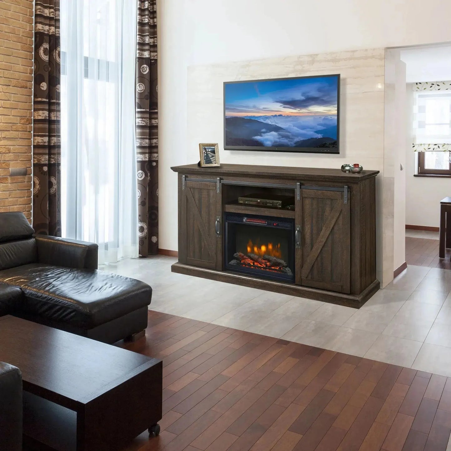 Design Specialties Langdon 58" 58" Rustic Brown Infrared Media Electric Fireplace