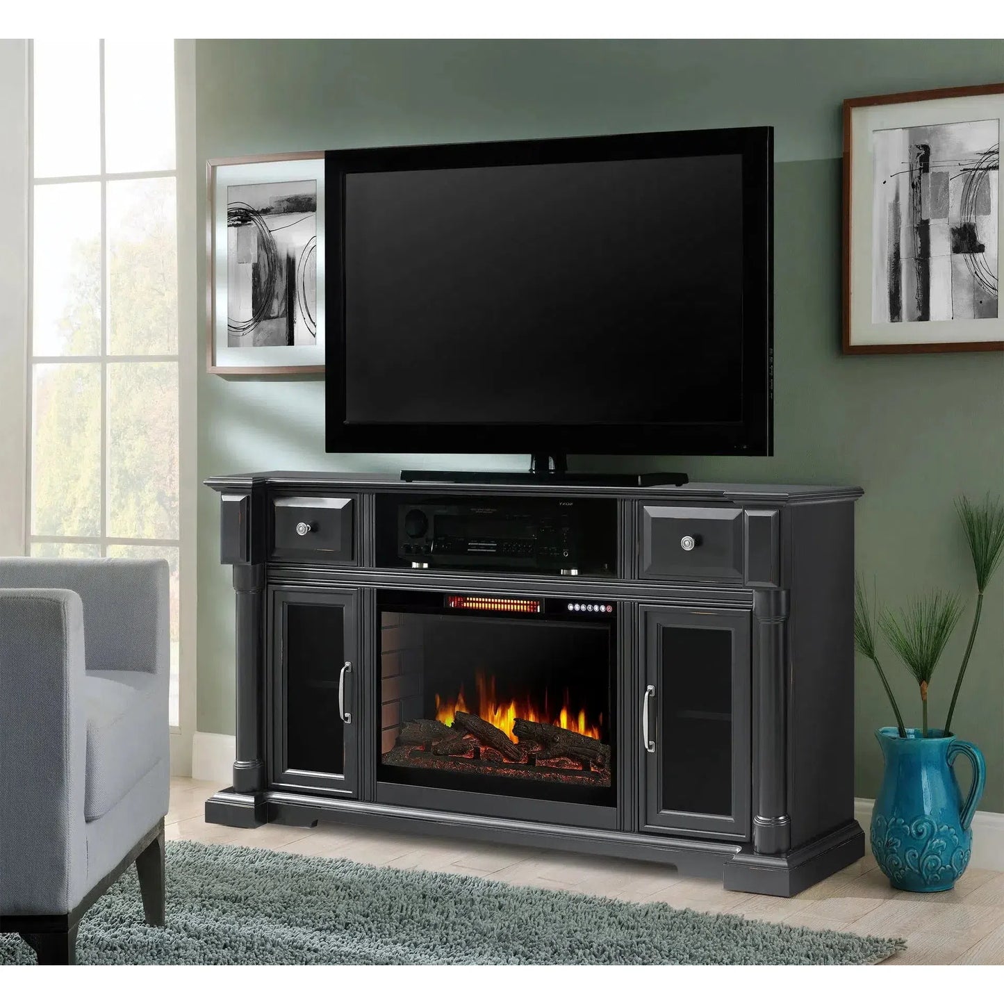 Design Specialties Vermont 60" Aged Black Electric Media Fireplace with Bluetooth
