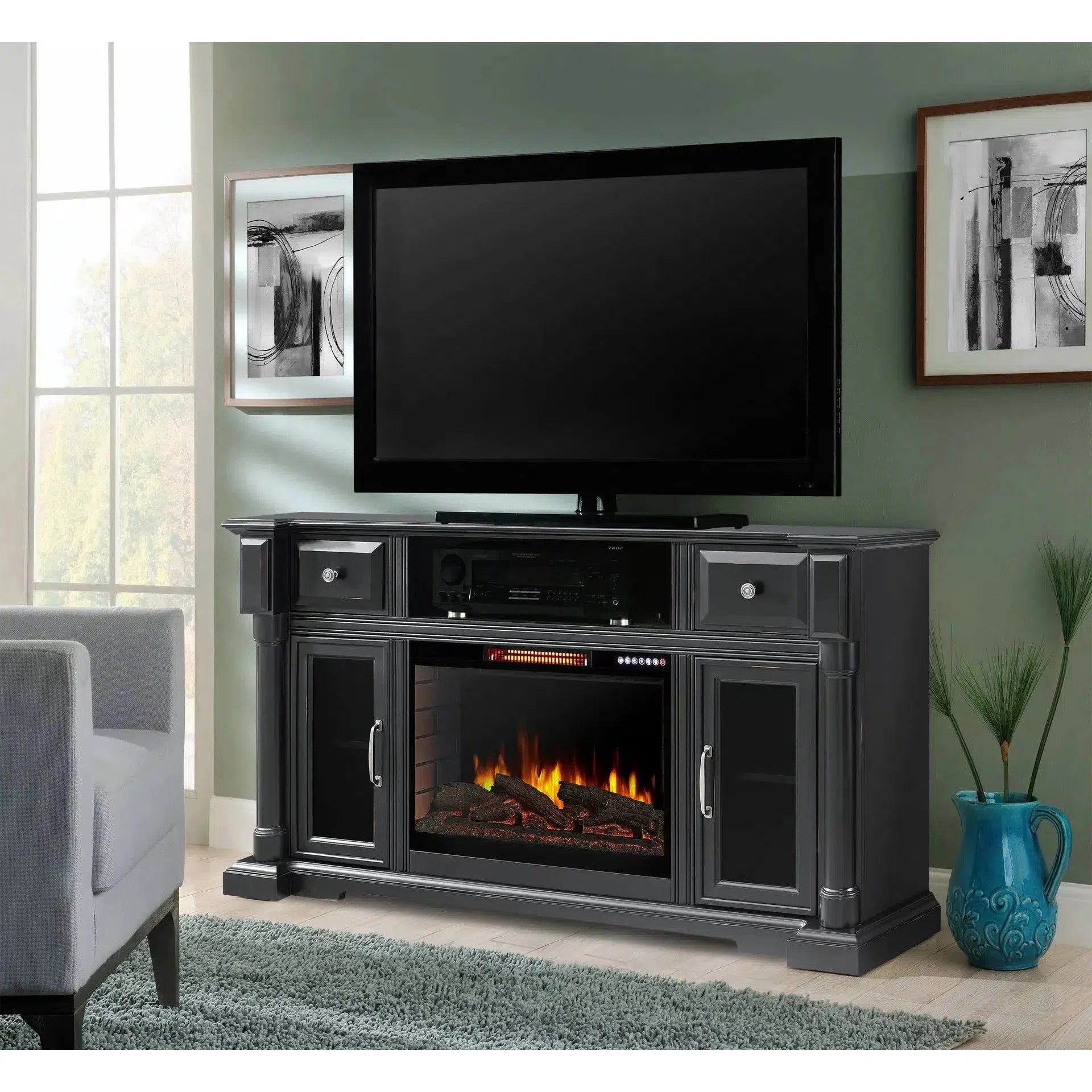 Design Specialties Vermont 60" Aged Black Electric Media Fireplace with Bluetooth