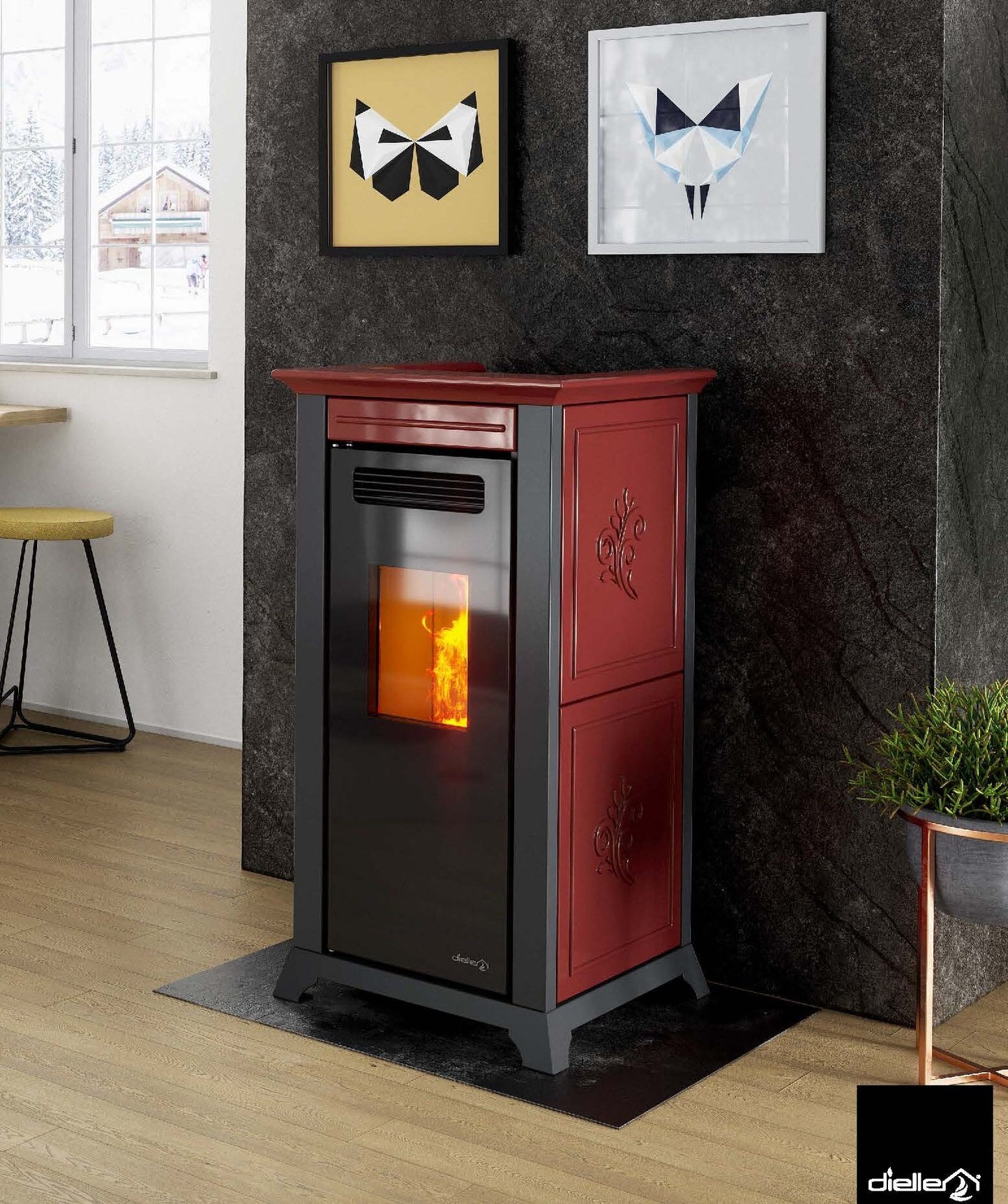 Dielle Ethesia Pellet Stove - Bordeaux Ceramic With Black Glass Front