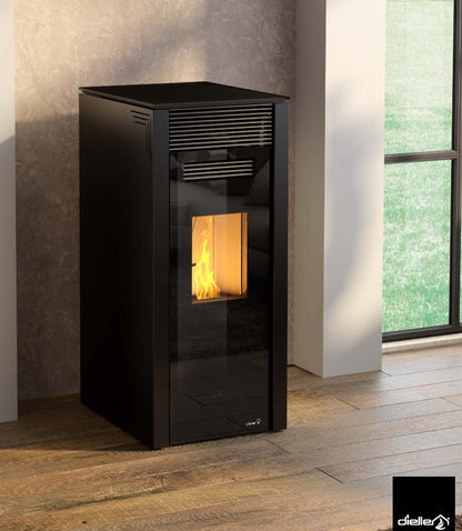 Dielle Grecale 70 Pellet Stove - Black Steel With Magic Black Glass Front