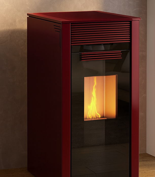 Dielle Grecale 70 Pellet Stove - Bordeaux Metallic Steel With Magic Black Glass Front
