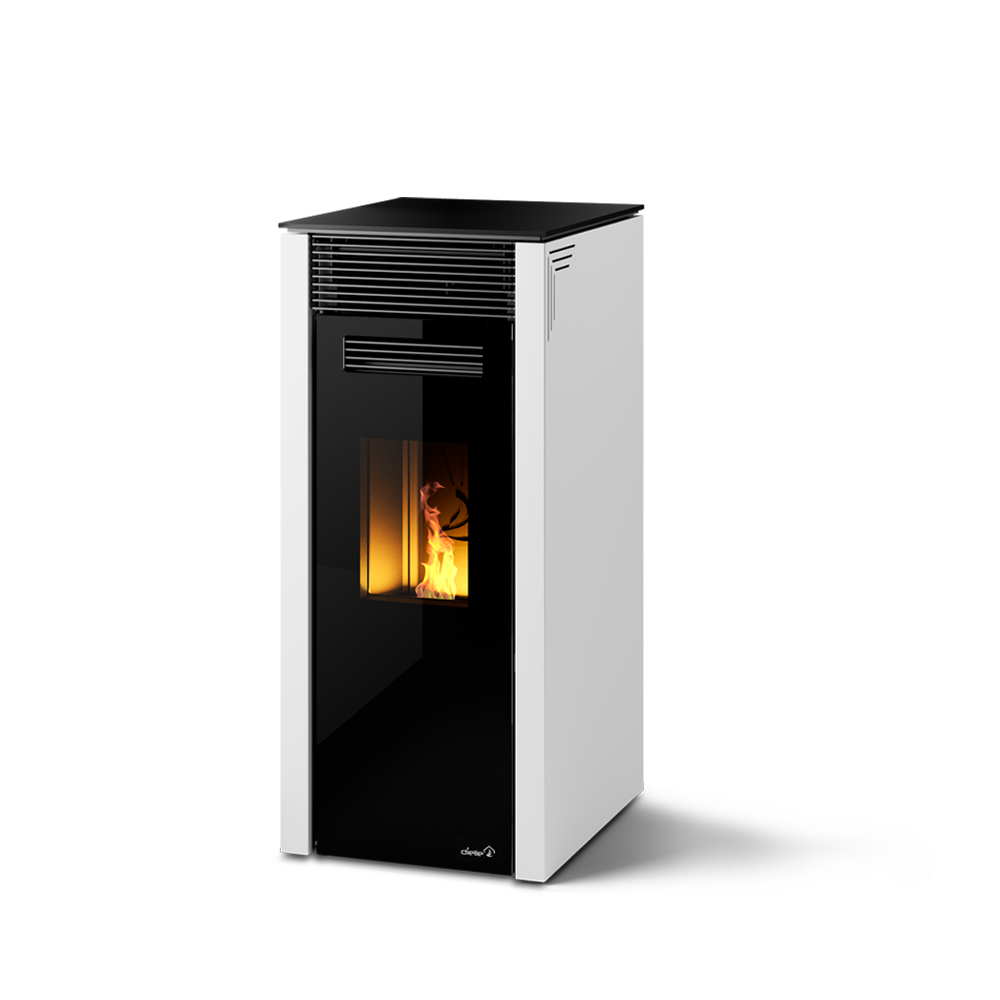 Dielle Grecale 70 Pellet Stove - Pearl White Steel With Magic Black Glass Front