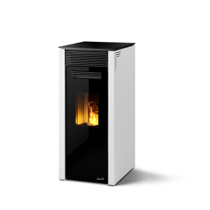 Dielle Grecale 70 Pellet Stove - Pearl White Steel With Magic Black Glass Front