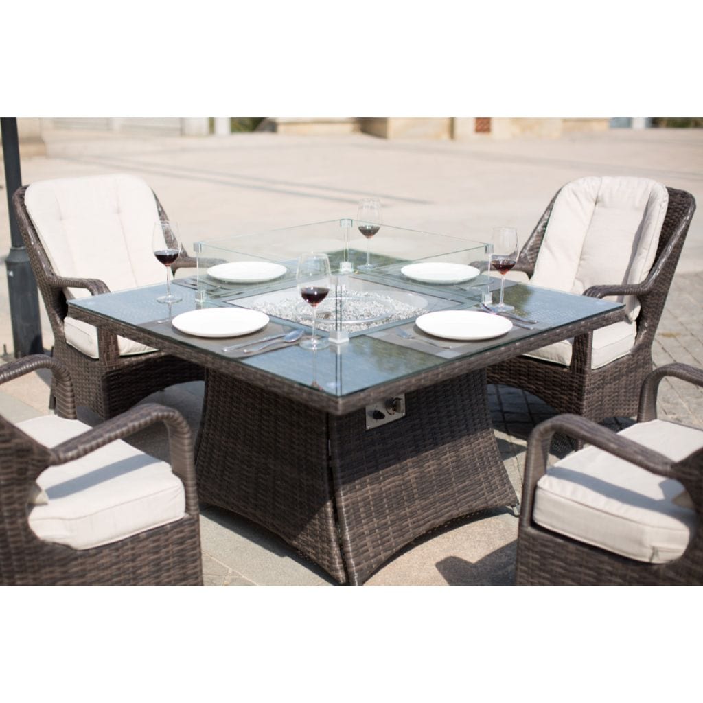 Direct Wicker 4 Seat Square Gas Fire Pit Dining Table With Eton Chair