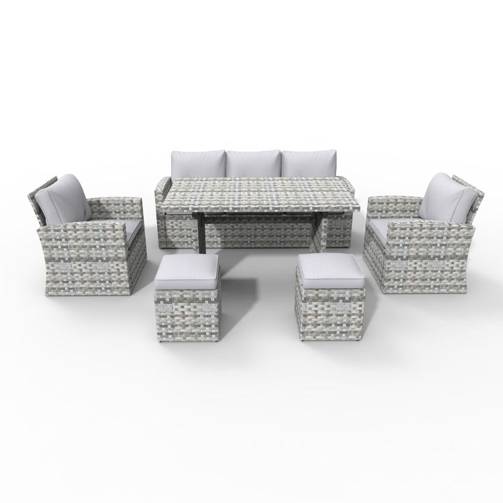 Direct Wicker 6-Piece Patio Gray Rattan Wicker Conversational/Dining Sofa Set with Two Ottomans and Gray Cushions
