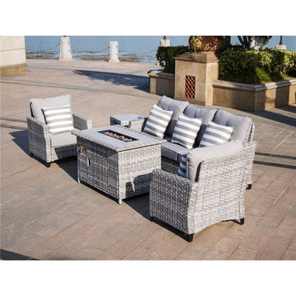 Direct Wicker Upgraded and Heighten 5-Piece Outdoor Wicker Patio Sofa Set with Gas Fire Pit Table, Burner System and Cushions (Single Items Included)