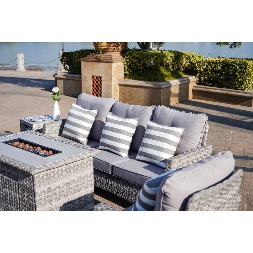Direct Wicker Upgraded and Heighten 5-Piece Outdoor Wicker Patio Sofa Set with Gas Fire Pit Table, Burner System and Cushions (Single Items Included)