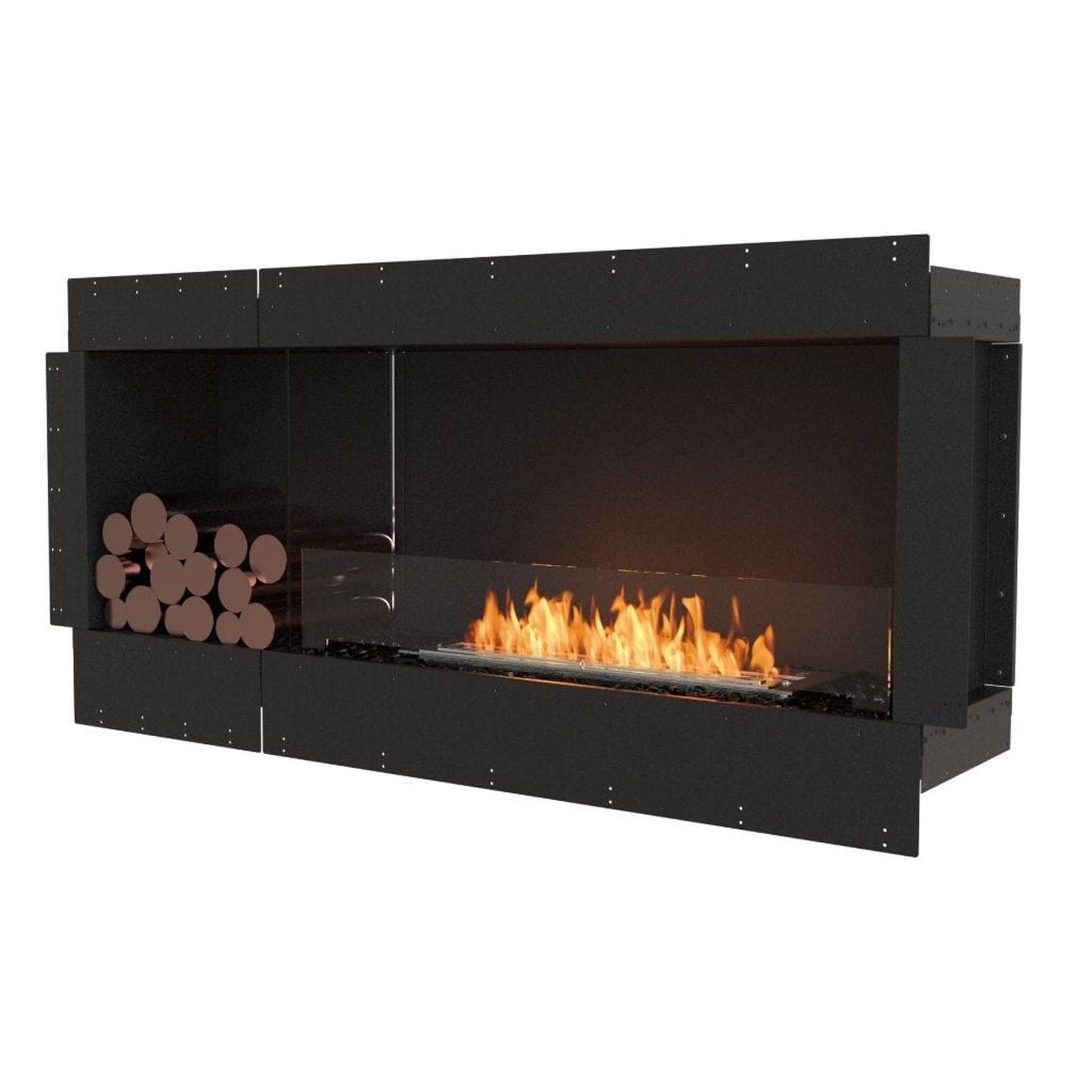 EcoSmart Fire Flex 60SS 67" Black Single Sided Ethanol Fireplace Insert with Black Burner and Right Side Decorative Box by Mad Design Group