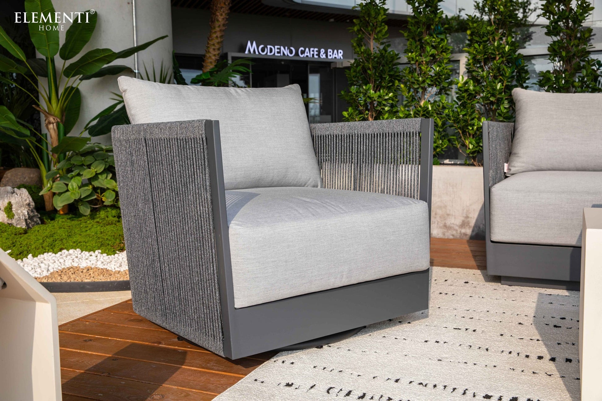 Elementi Capri 34" Dark Grey Aluminum Outdoor Swivel Chair with Sunbrella Cushions