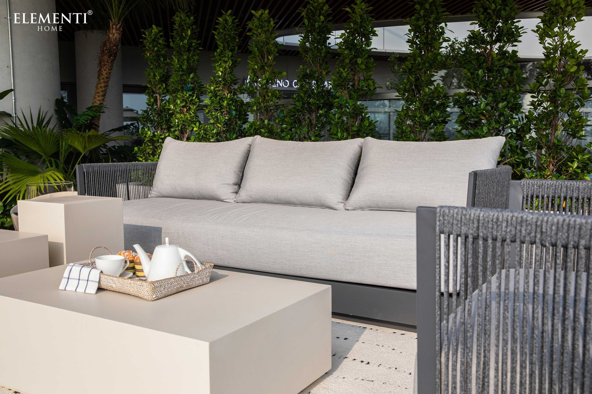Elementi Capri 88" Dark Grey Aluminum Outdoor 3 Seat Sofa with Sunbrella Cushions