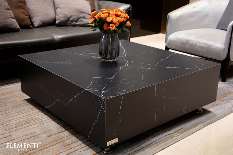 Elementi Home Sofia 40" Medium Square Bulgaria Black Marble Porcelain Coffee Table