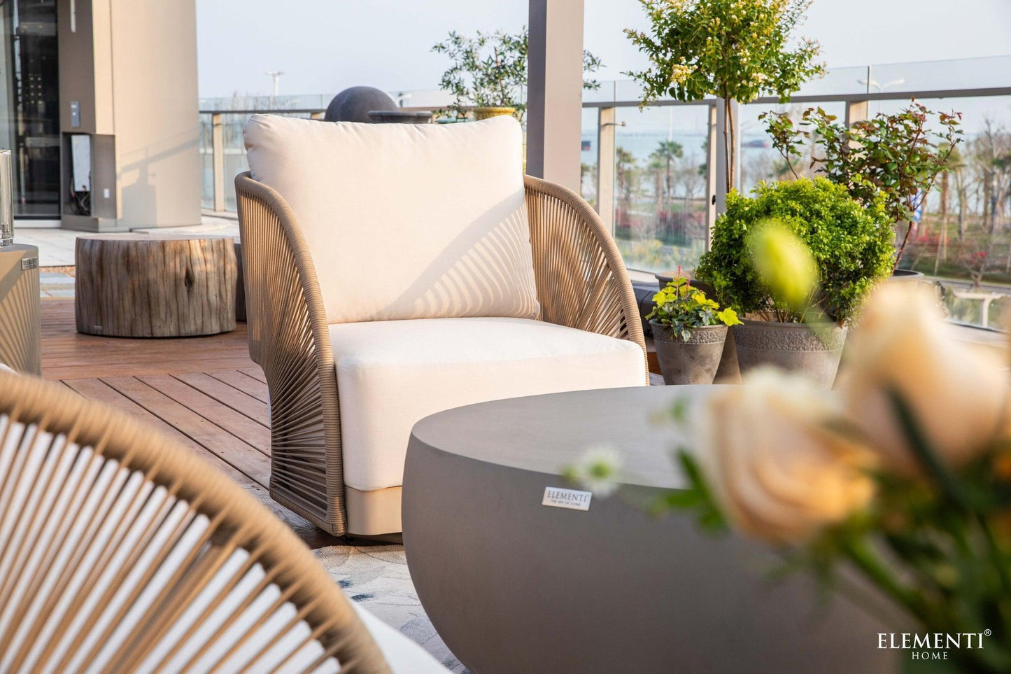 Elementi Malibu 30" Taupe Aluminum Outdoor Swivel Chair with Sunbrella Cushions