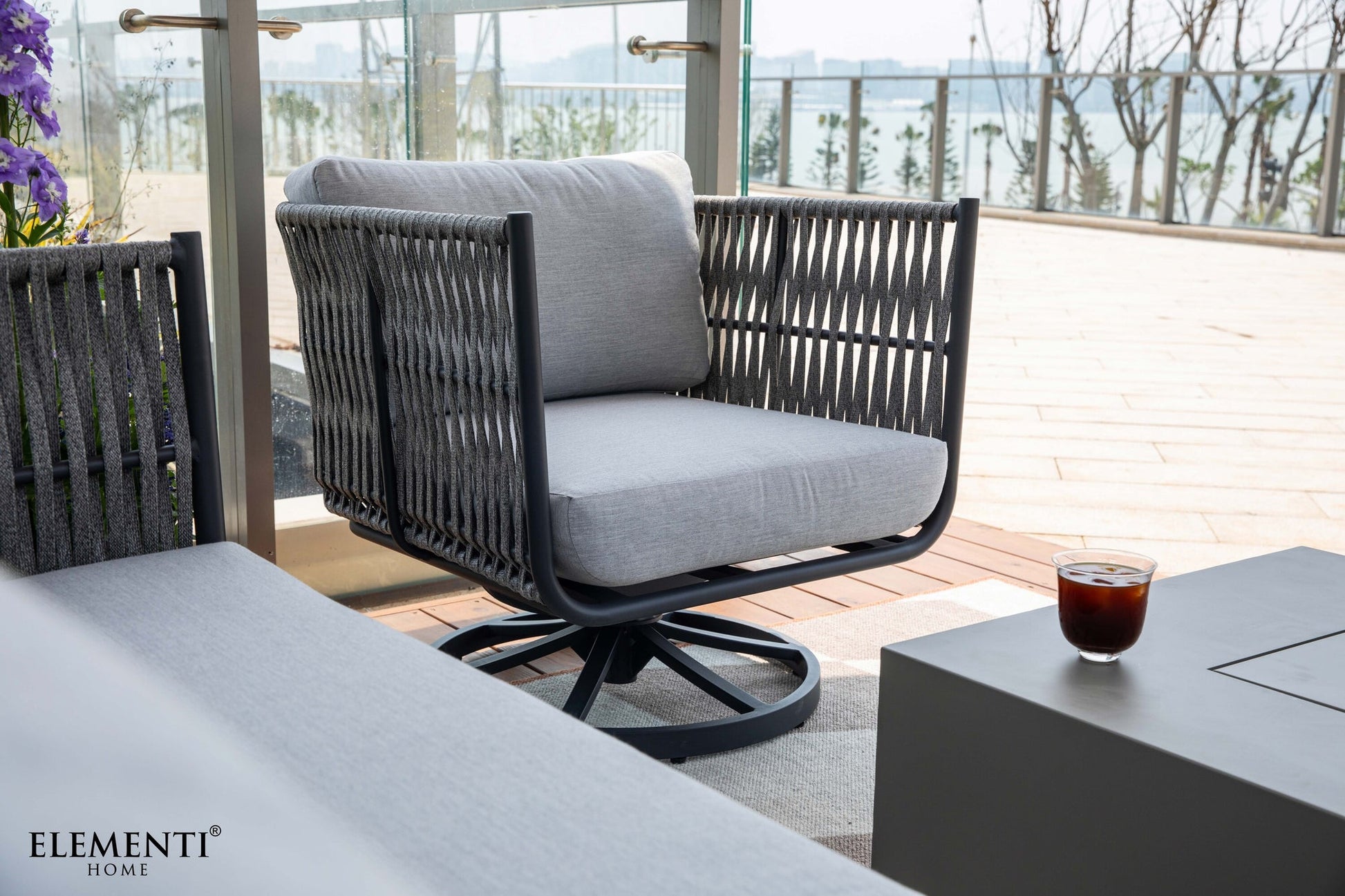 Elementi Milano 30" Dark Grey Aluminum Outdoor Swivel Chair with Sunbrella Cushions