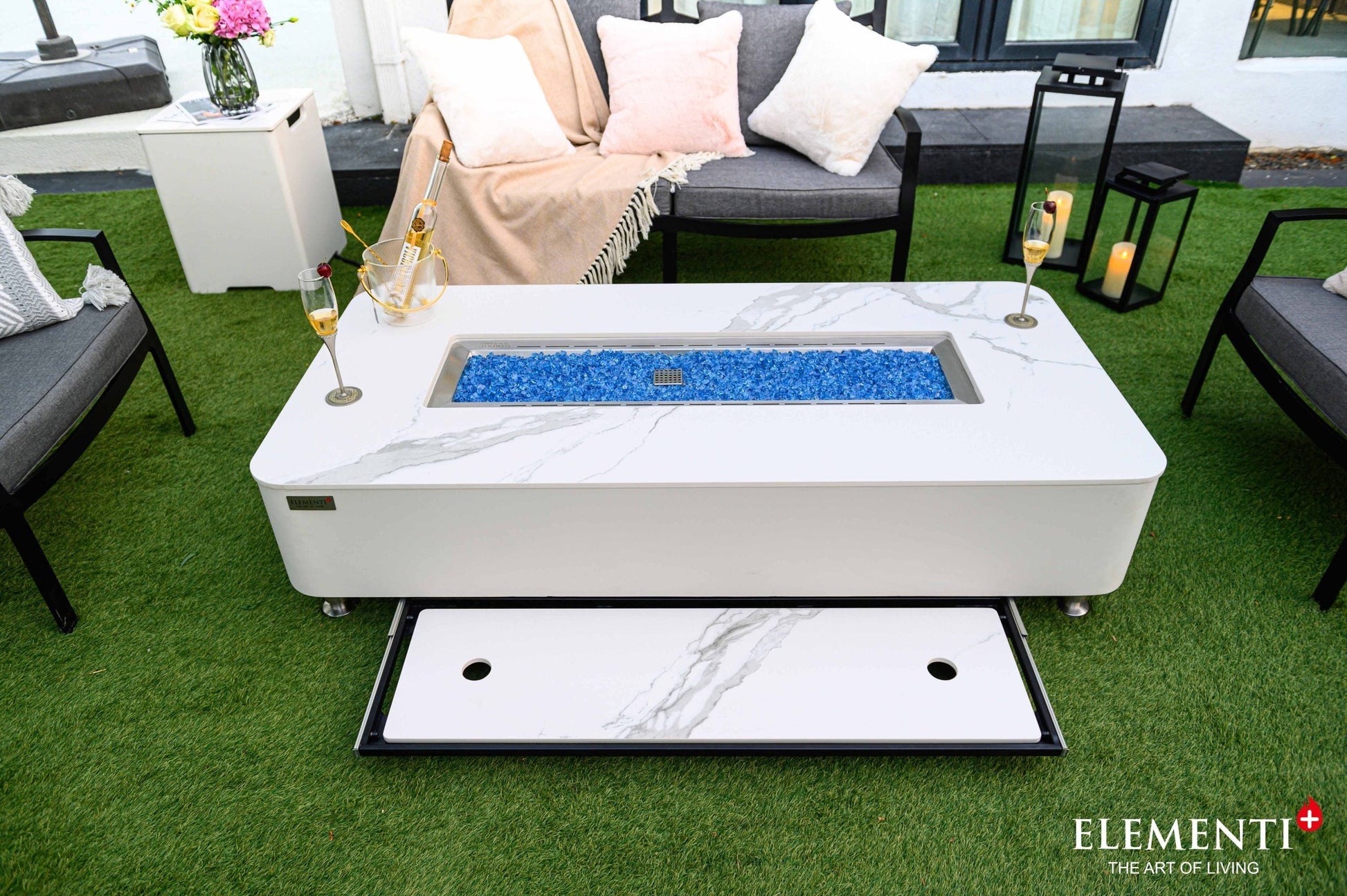 Elementi Plus Athens 30" Bianco White Concrete Liquid Propane Marble Porcelain Fire Table
