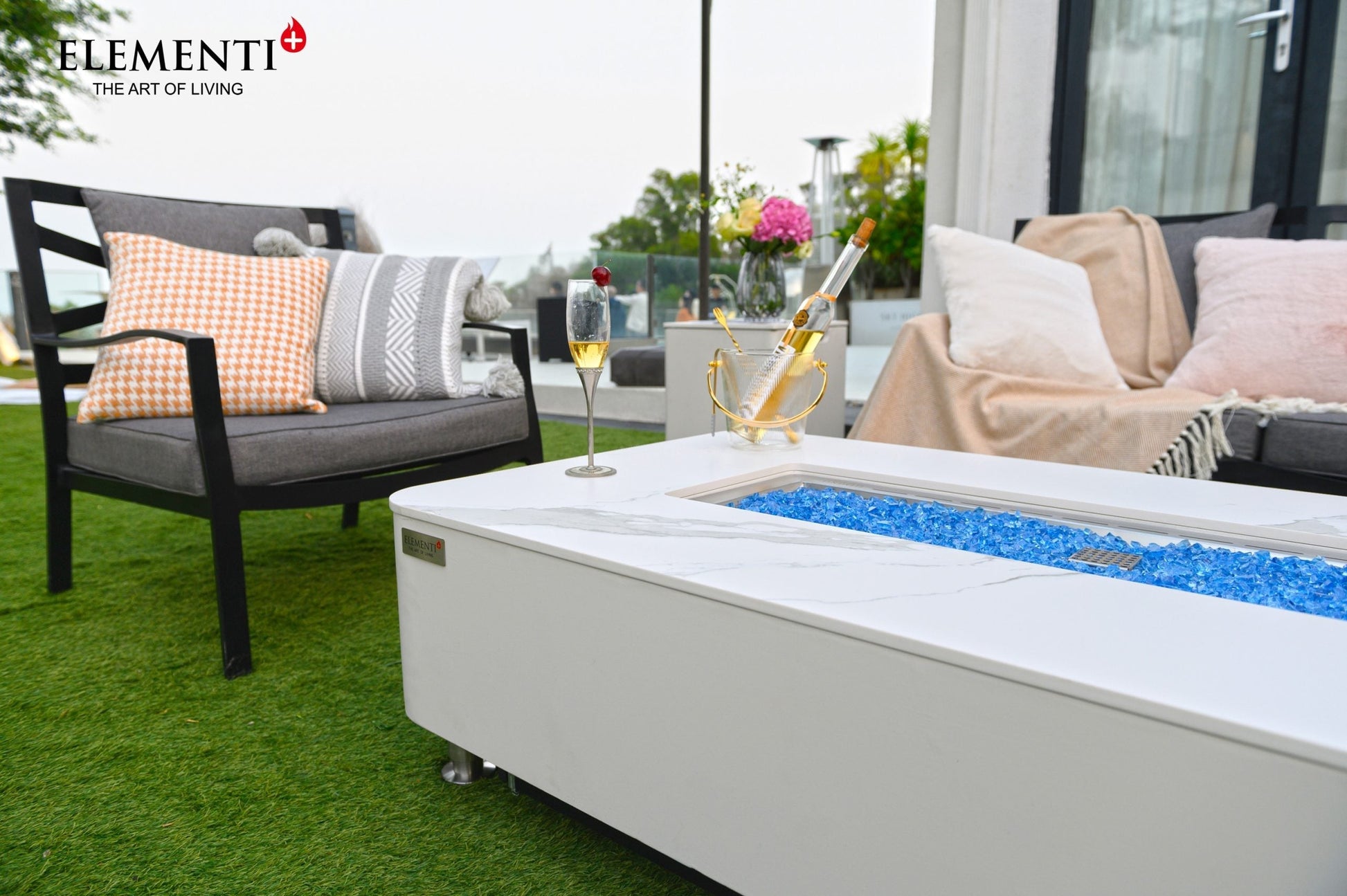 Elementi Plus Athens 30" Bianco White Concrete Liquid Propane Marble Porcelain Fire Table