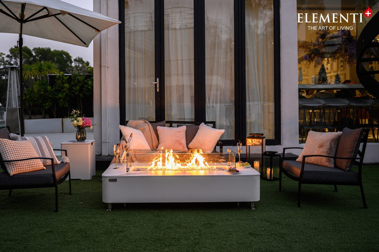 Elementi Plus Athens 30" Bianco White Concrete Liquid Propane Marble Porcelain Fire Table