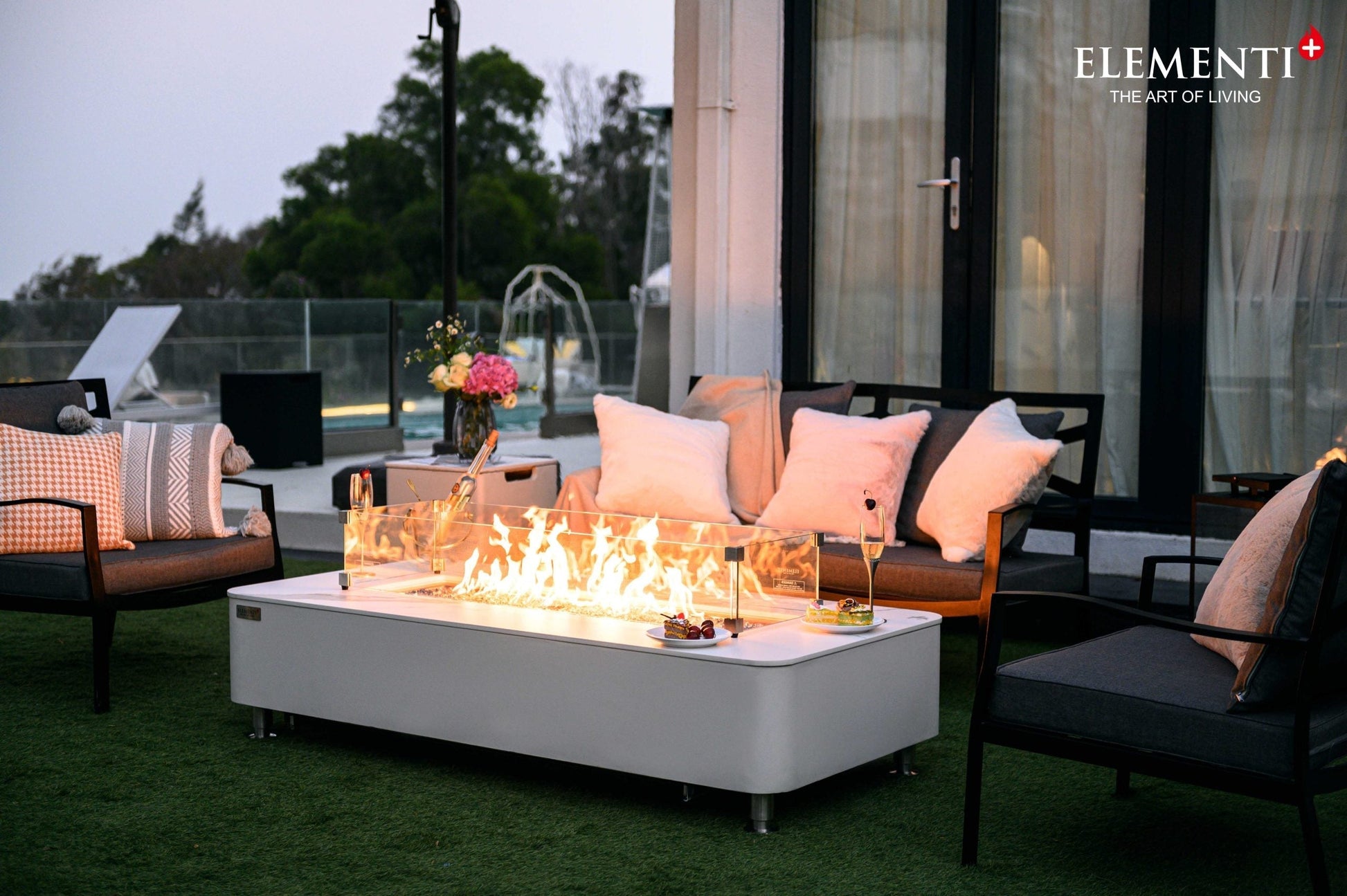 Elementi Plus Athens 30" Bianco White Concrete Liquid Propane Marble Porcelain Fire Table