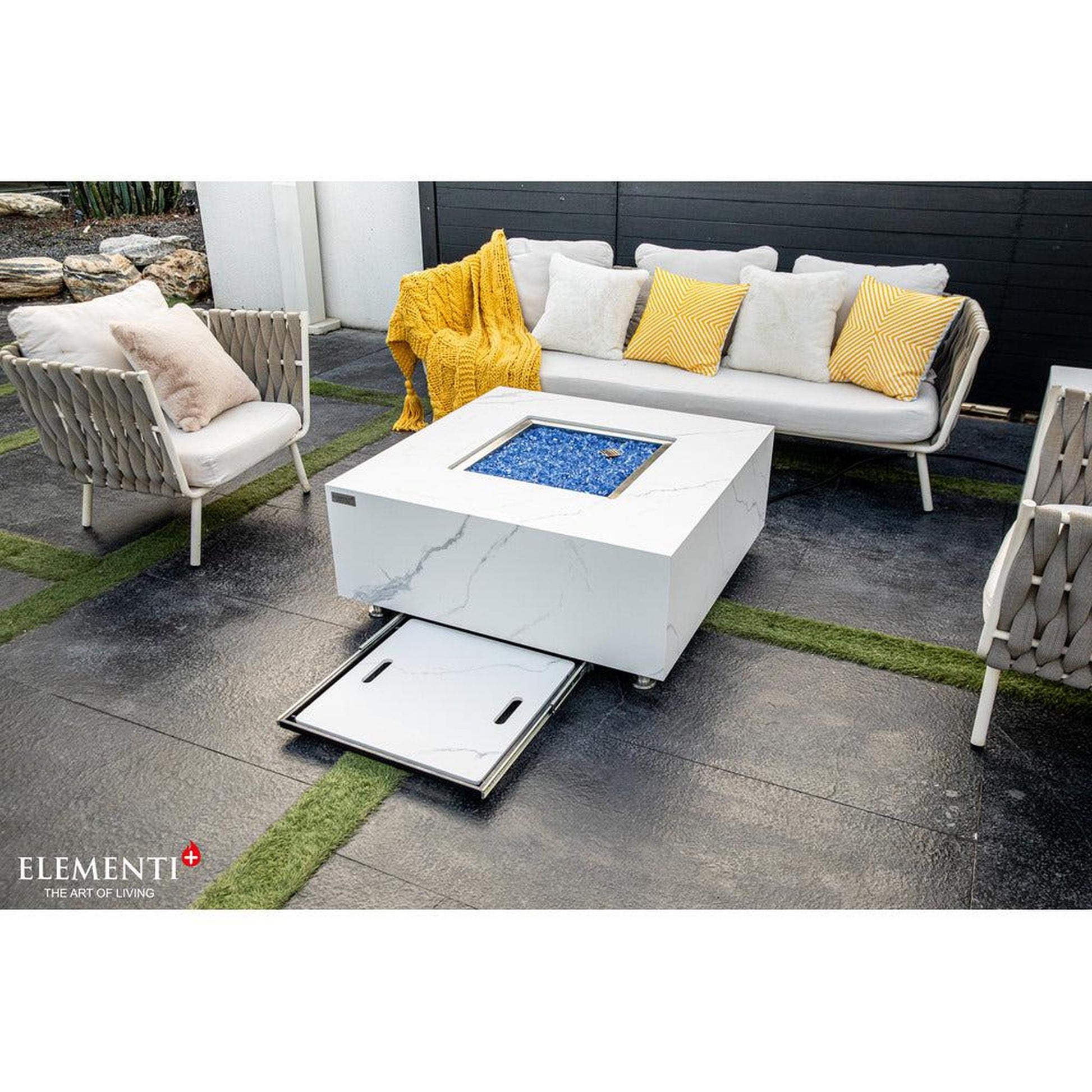 Elementi Plus Bianco 39" Square White Marble Porcelain Natural Gas Fire Table