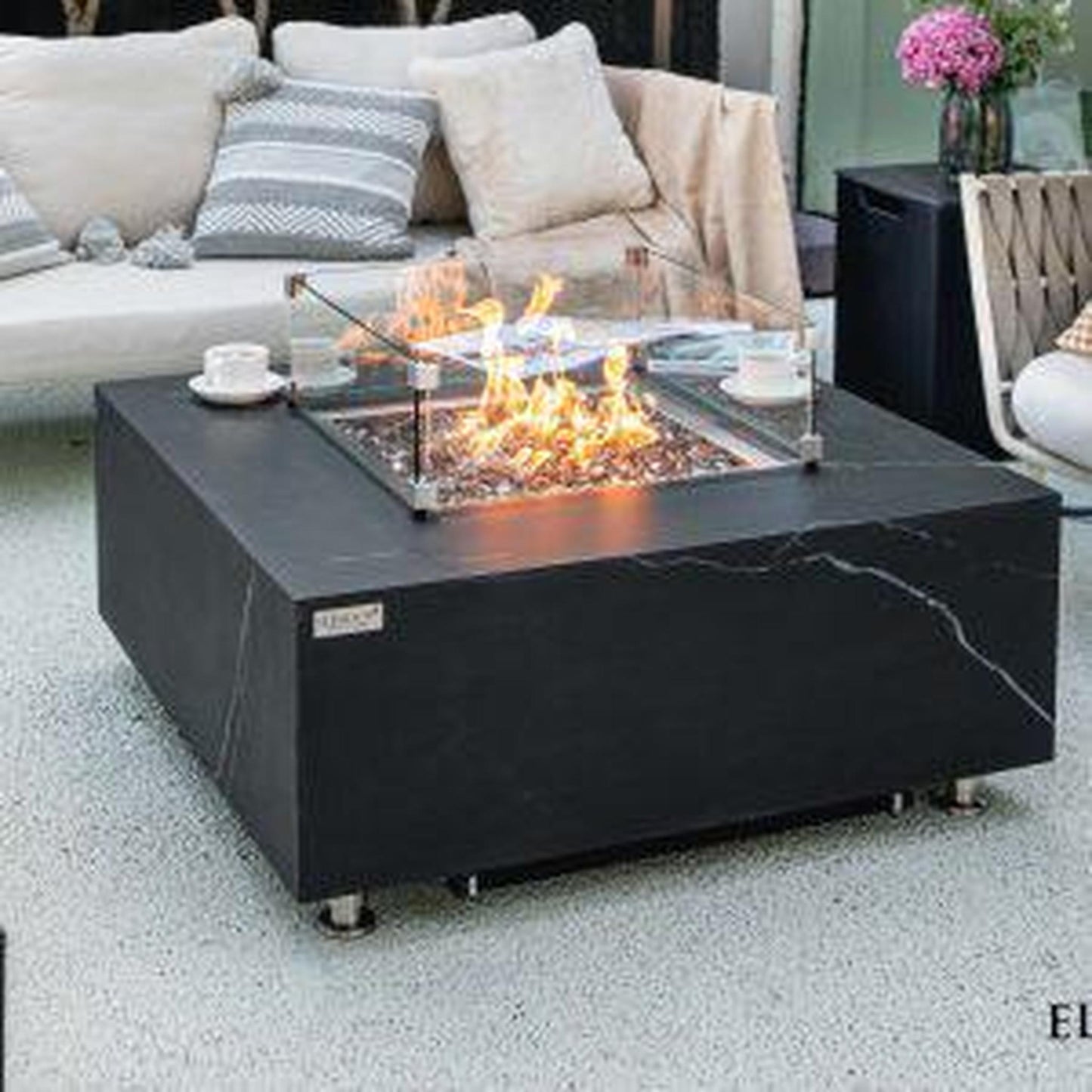 Elementi Plus Sofia 39" Square Bulgaria Black Marble Porcelain Natural Gas Fire Table