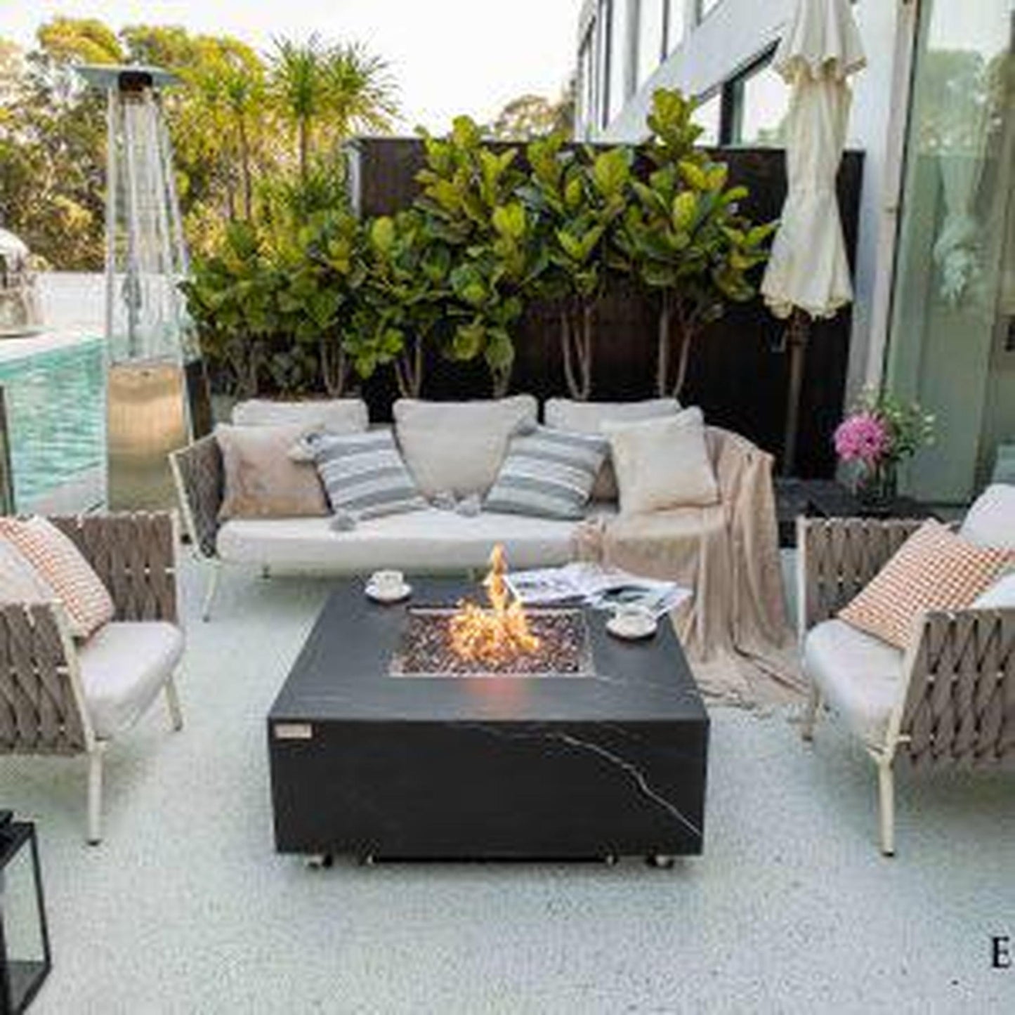 Elementi Plus Sofia 39" Square Bulgaria Black Marble Porcelain Natural Gas Fire Table