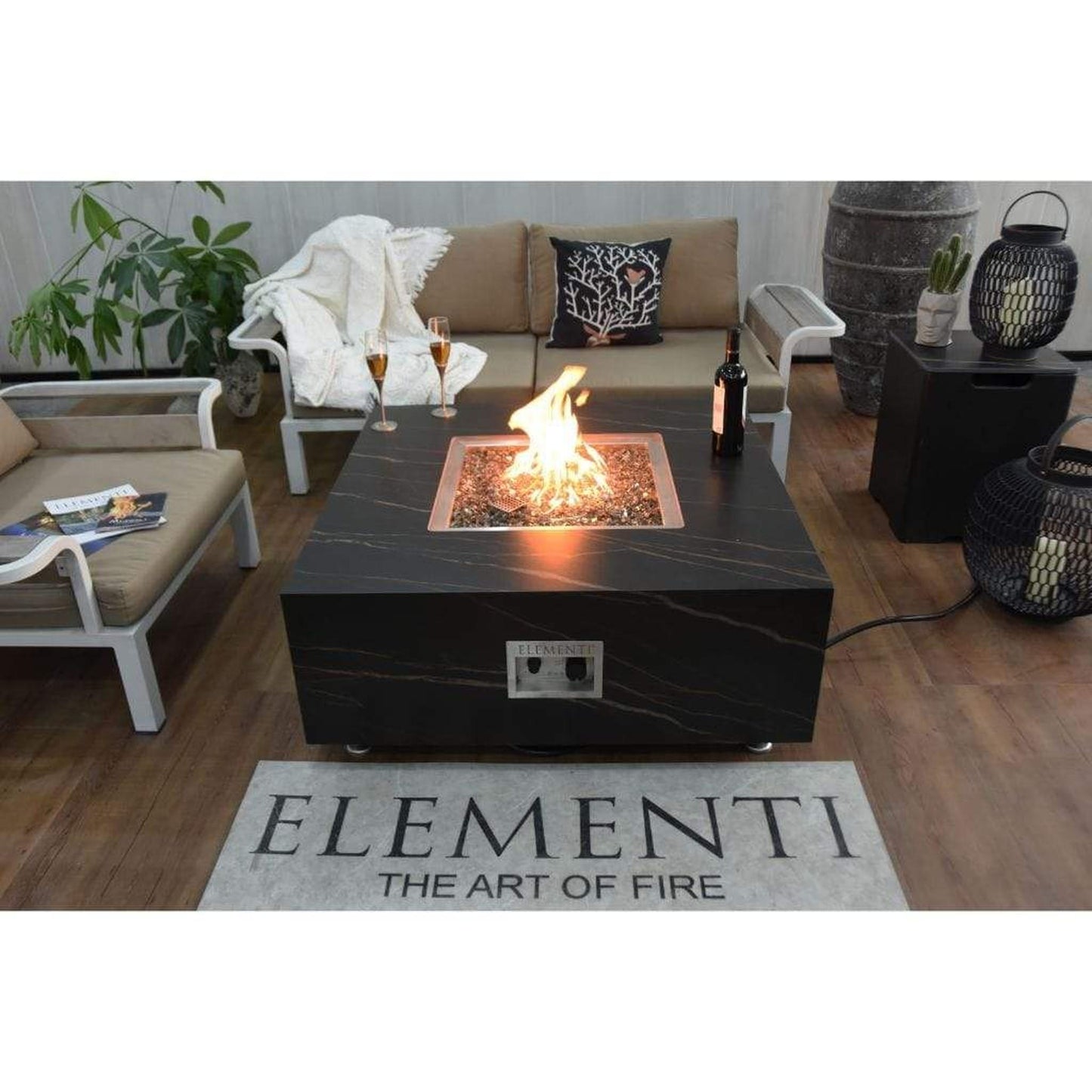 Elementi Plus Sofia 39" Square Bulgaria Black Marble Porcelain Natural Gas Fire Table