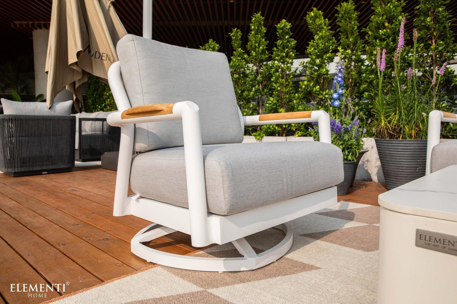 Elementi Santorini 33" White Aluminum Outdoor Swivel Chair with Sunbrella Cushions