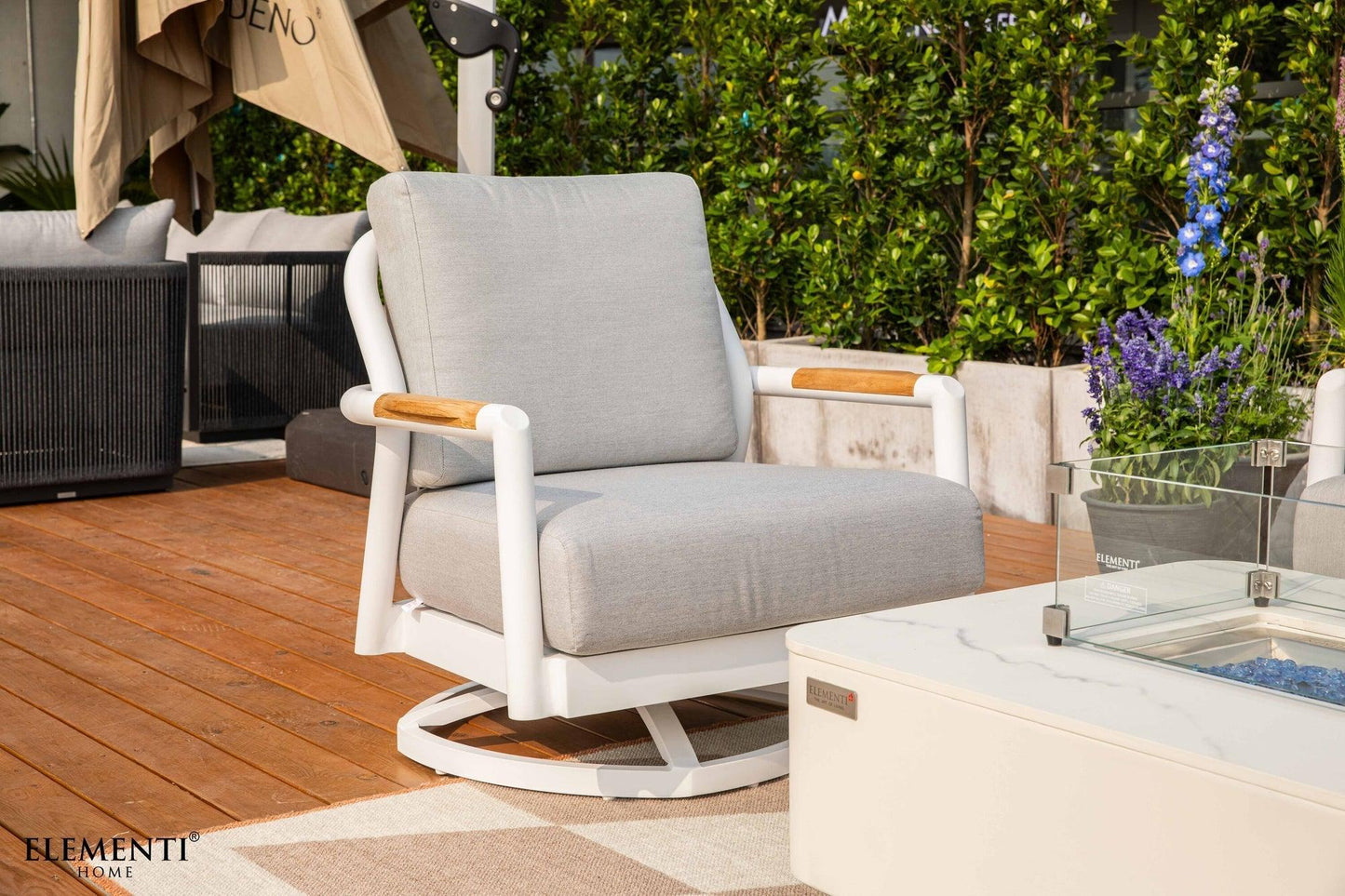 Elementi Santorini 33" White Aluminum Outdoor Swivel Chair with Sunbrella Cushions